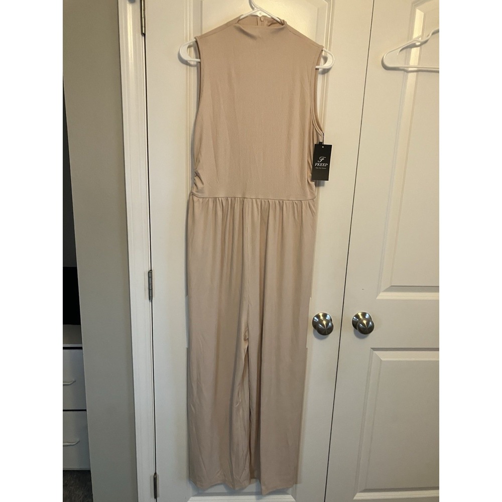 FKeep Pantsuit Jumpsuit Women Large Beige NWT Ribbed Sleeveless Mock Neck c997